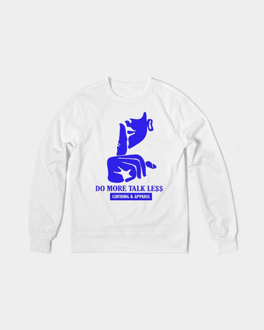 DO MORE TALK LESS SILENCE IS GOLDEN LOGO  WHITE AND BLUE   Men's Classic French Terry Crewneck Pullover - DMTL CLOTHING AND APPAREL